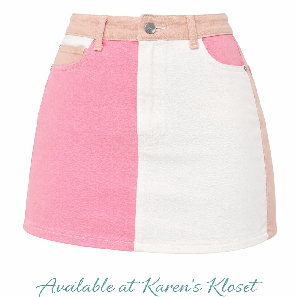 Two-Tone Pink & White Mini Skirt with Tan Accents